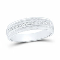 The 10k Gold Round Diamond Wedding Band 1/4 Cttw features a single row of round diamonds at the center, accented by elegant milgrain detailing along the edges.
