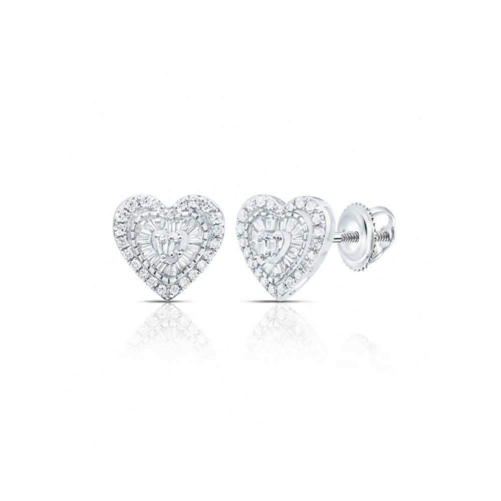 The 3/8CTW Natural Diamond Heart Baguette Earrings in 10k gold feature heart shapes with sparkling diamonds, set in white metal and displayed against a white background.