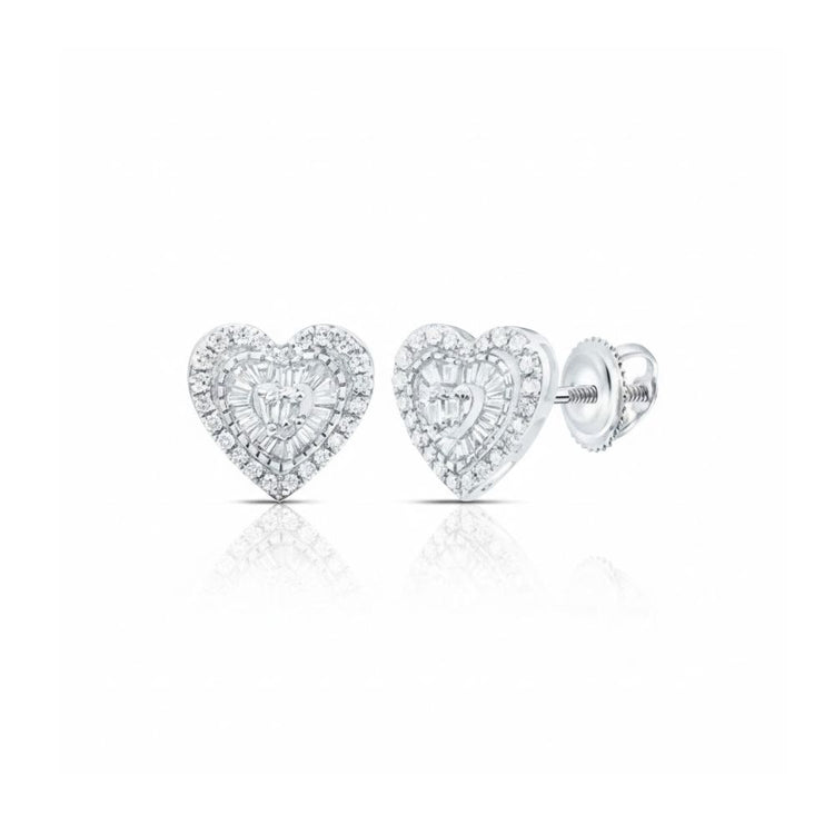 The 3/8CTW Natural Diamond Heart Baguette Earrings in 10k gold feature heart shapes with sparkling diamonds, set in white metal and displayed against a white background.