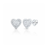 The 3/8CTW Natural Diamond Heart Baguette Earrings in 10k gold feature heart shapes with sparkling diamonds, set in white metal and displayed against a white background.