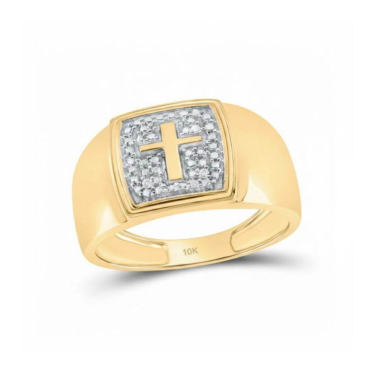 The 10k Yellow Gold Round Diamond Cross Band Ring (.02 cttw) features a raised diamond cross on a square top and is marked 10K for gold purity.