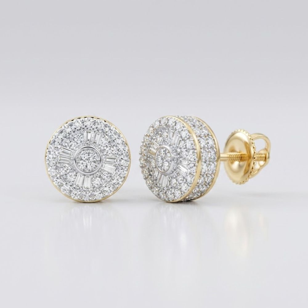 10k Gold Baguette Diamond Circle Earrings, 1/2 cttw, featuring a concentric design and secure screw-back closure, displayed on a light gray background.