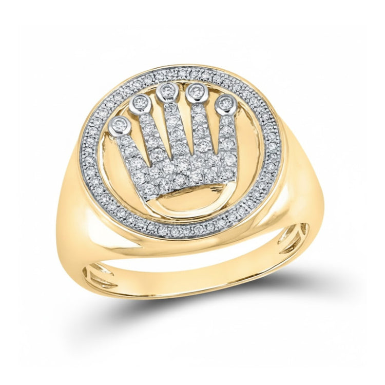 The 3/8CT Diamond Crown Men’s Ring in 14K yellow gold features a round face with a crown design outlined and filled with diamonds, set against a smooth backdrop.