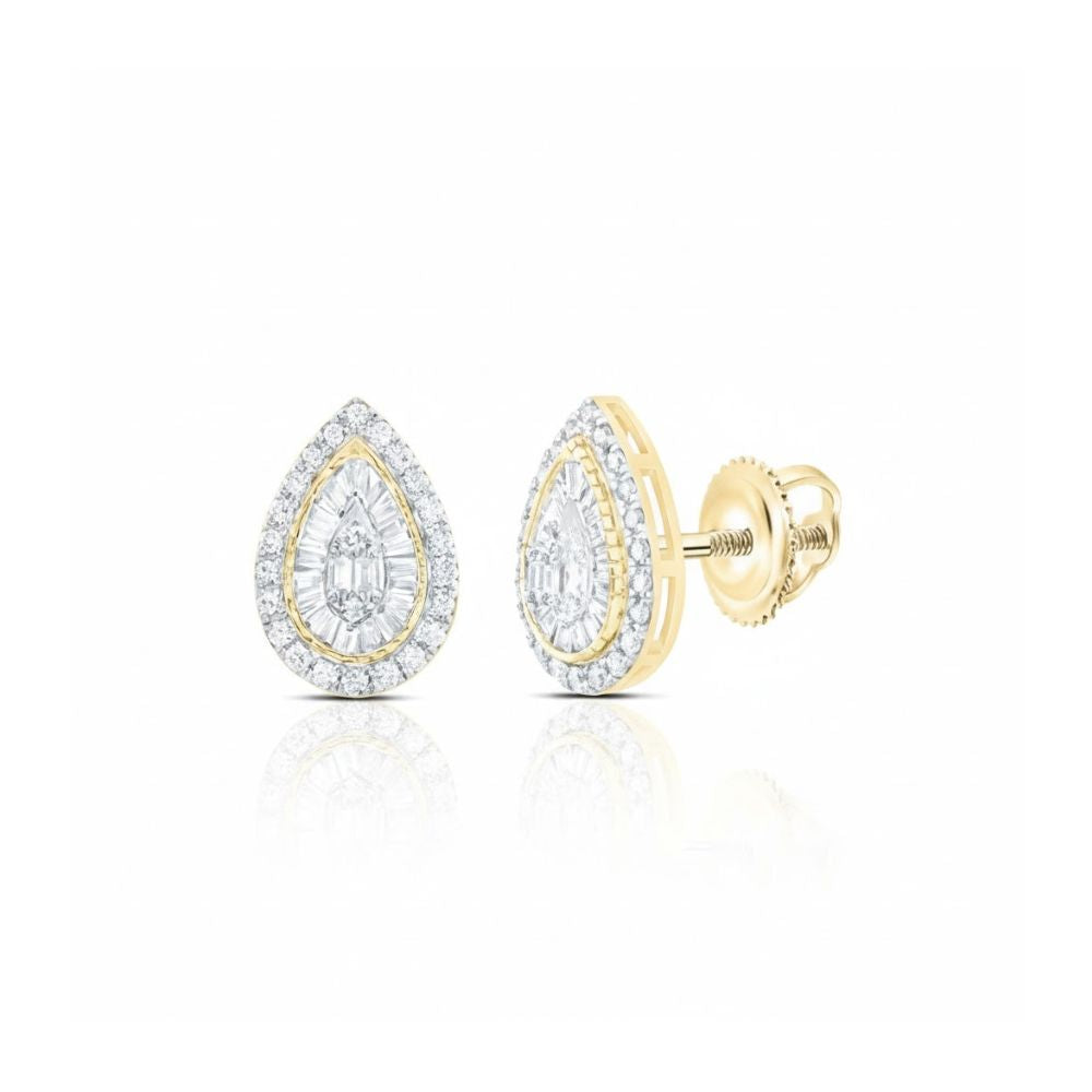 The 1/2CT Pear Baguette Diamond Earrings in 10k Gold feature a central diamond with two halo layers of natural diamonds and secure screw-back closures, shown on a white background.