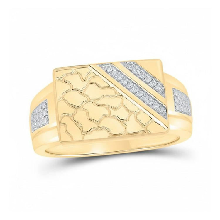 The 10k Yellow Gold Diamond Nugget Ring 1/20 Cttw features a rectangular face with a wavy textured pattern on one side, two diagonal rows of diamonds on the other, and extra stones along the band for added brilliance.
