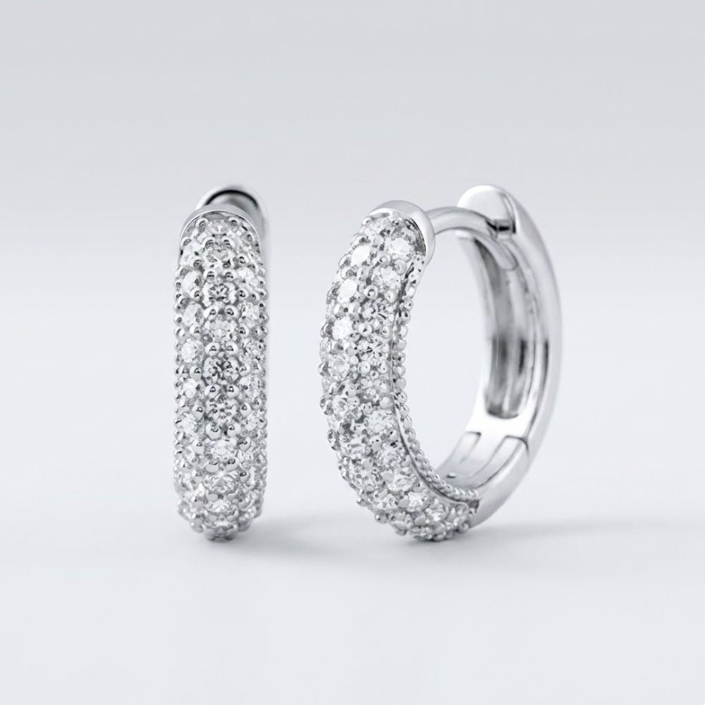 A pair of 3/4CTW natural diamond hoop earrings in 14k gold, sparkling with multiple rows of diamonds, displayed against a plain light grey background.