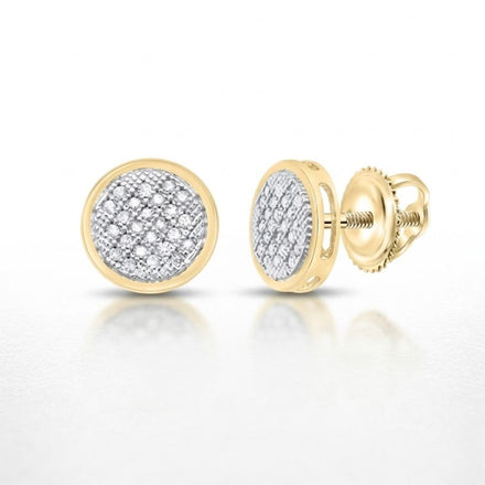 The Sterling Silver Diamond Circle Earrings 1/6 Cttw feature round diamonds with yellow gold borders, a central pattern of closely set white stones, and a secure screw-back closure.