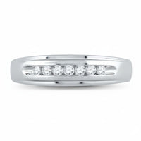The 10k White Gold Round Diamond Wedding Band 1/4 Cttw features a row of seven round diamonds set horizontally in a channel across the center, shown on a white background.