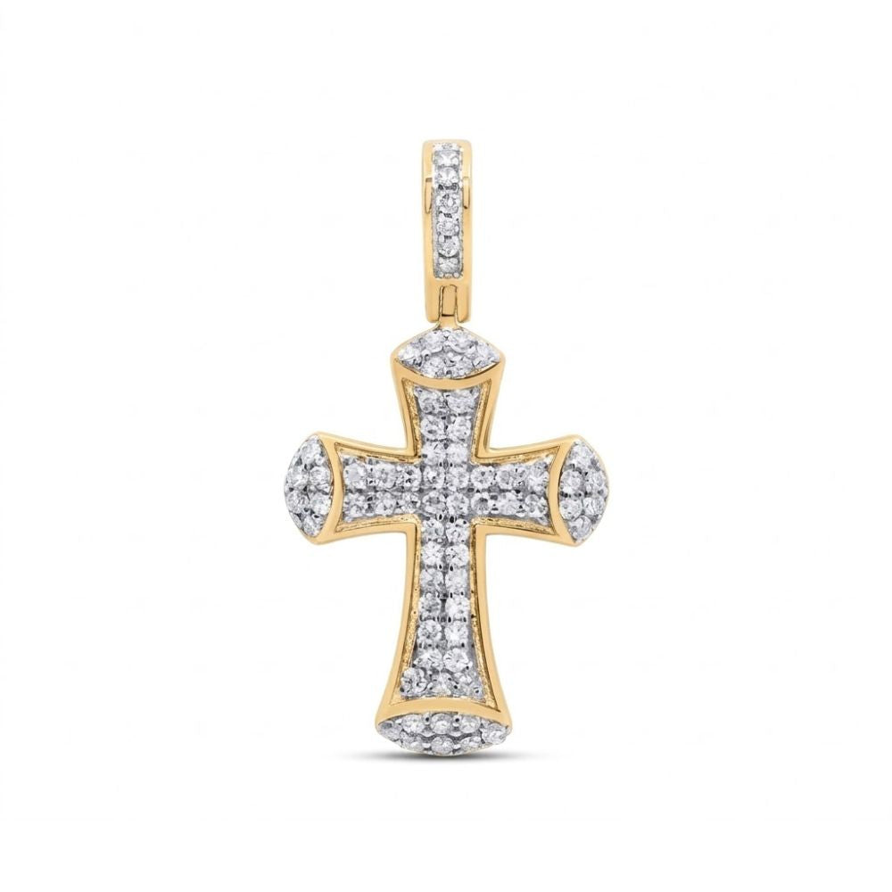 The 3/8CTW Diamond Cross Pendant in 10K Gold features small natural diamonds on the front and bail, displayed against a plain white background.