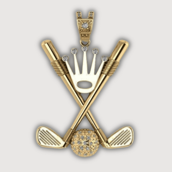 14K gold golf diamond pendant with crossed clubs and crown design, featuring sparkling precision-cut diamonds, symbolizing luxury and elegance.