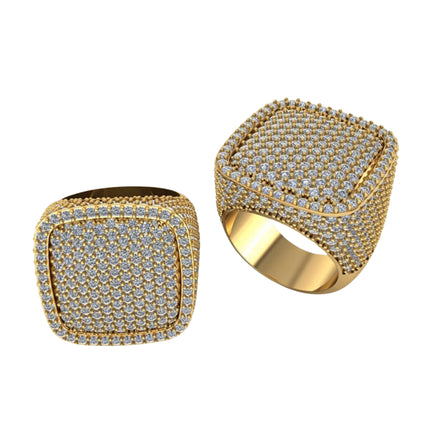 The Iced Cushion Diamond Ring – 6.48 CT Pavé Design features a wide, square face encrusted with sparkling pavé-set diamonds, showcased on a white background.