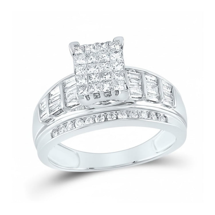 The 10k Gold Princess Diamond Bridal Engagement Ring features a 1 Cttw rectangular princess cluster and sparkling diamonds along the band for an elegant, radiant look.