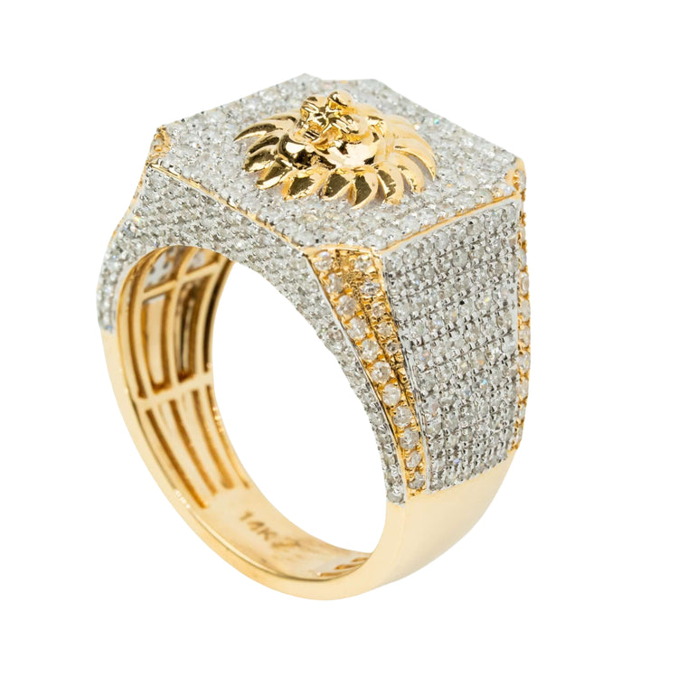 Make a bold statement with the 2.43 CTW Cluster Lion Diamond Ring in 14k gold, featuring a raised lion head atop a diamond-studded square and band—an unmistakably luxurious men's piece.