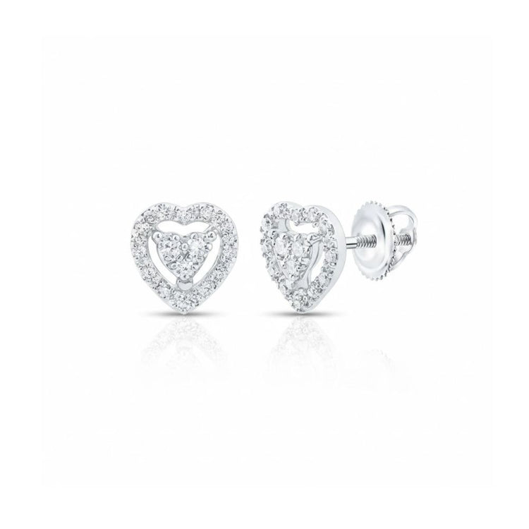 10k Gold Diamond Heart Earrings: Each earring features a smaller diamond-accented heart inside a larger gold heart outline, with secure screw-back closures. 1/10 CTW diamonds add sparkle to any look.