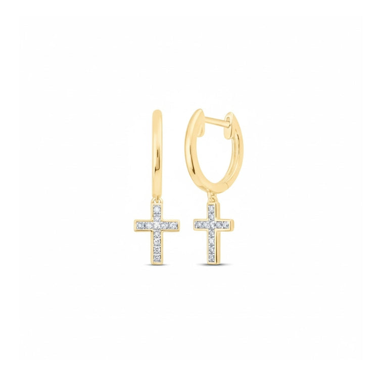 These 1/20CTW round diamond cross dangle hoop earrings in 10K yellow gold feature sparkling stones and are part of Nicole’s Dream Collection.
