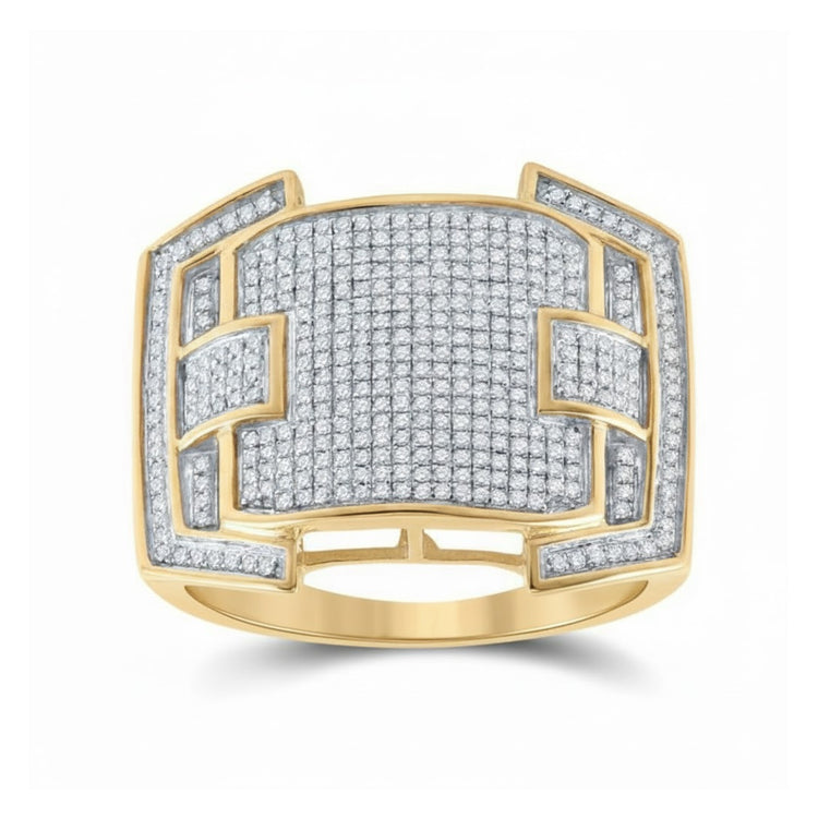 The 10K Yellow Gold Diamond Cluster Ring (5/8 CTTW) features a geometric design with multiple rows of small round diamonds in a grid pattern, framed by angular gold borders and accented with additional diamonds.