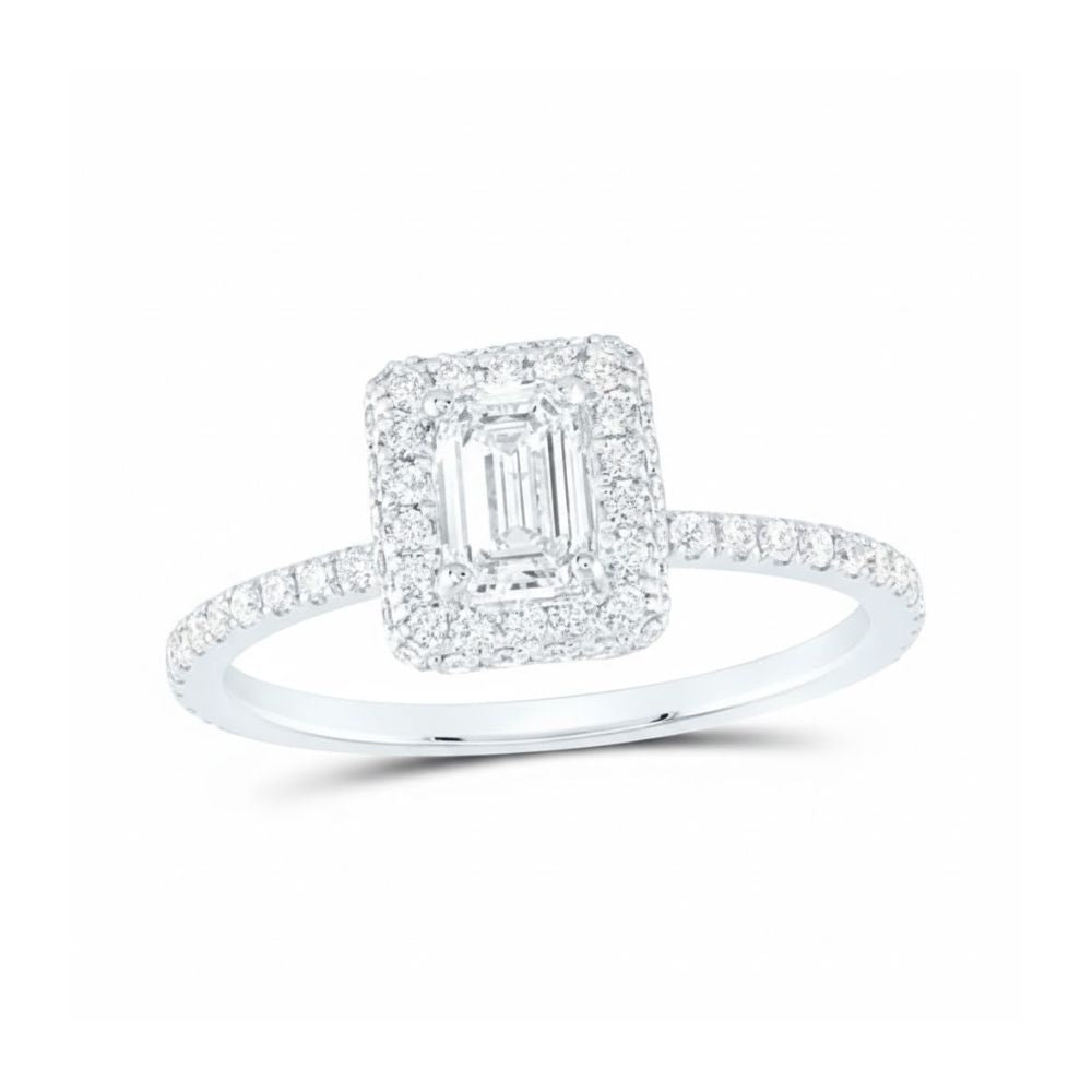 The 14k Gold Emerald Diamond Halo Bridal Wedding Ring Set features a rectangular emerald-cut center, a double halo of diamonds, and diamond-accented band—a stunning choice for an engagement or wedding ring.