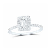 The 14k Gold Emerald Diamond Halo Bridal Wedding Ring Set features a rectangular emerald-cut center, a double halo of diamonds, and diamond-accented band—a stunning choice for an engagement or wedding ring.
