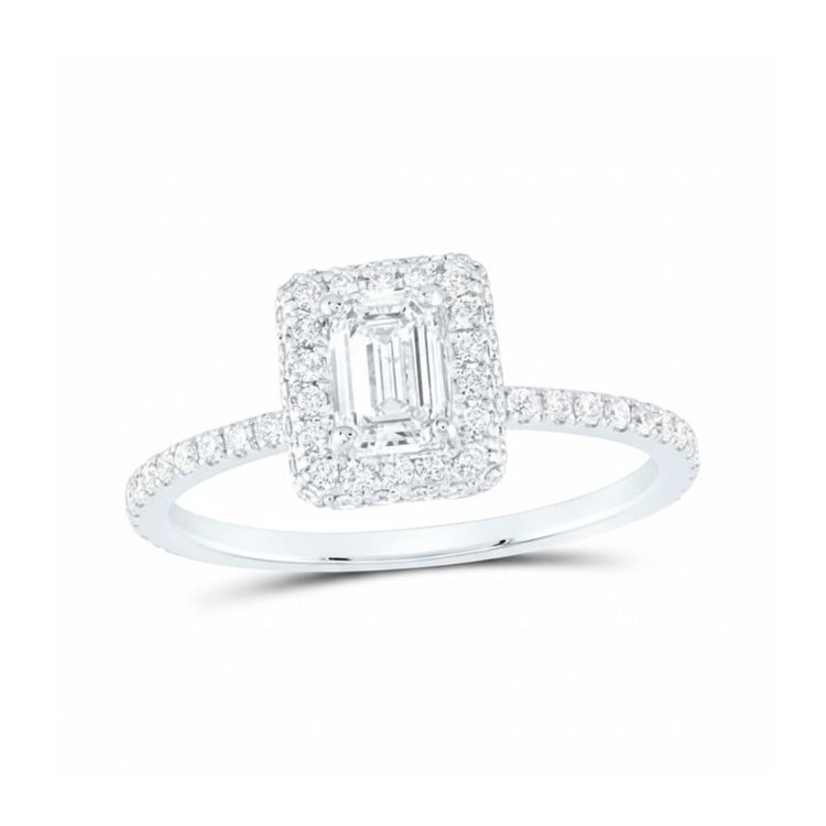 The 14k Gold Emerald Diamond Halo Bridal Wedding Ring Set features a rectangular emerald-cut center, a double halo of diamonds, and diamond-accented band—a stunning choice for an engagement or wedding ring.