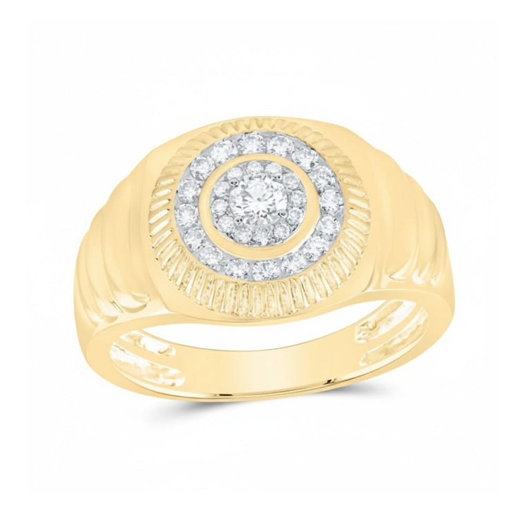 The 14K Gold 1/2 CTW Natural Diamond Men’s Ring features a wide engraved band with a raised circular setting, highlighted by two concentric rows of small natural diamonds surrounding a central diamond cluster.
