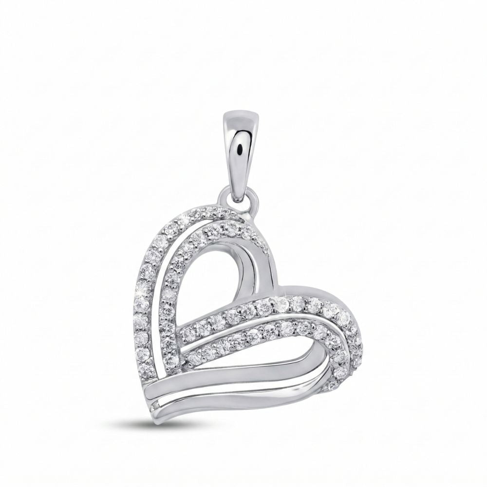 The 1/3CTW Diamond Gift Heart Pendant in 10K Gold features two overlapping silver bands, one adorned with sparkling diamonds, and is displayed against a plain white background.