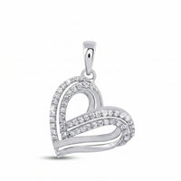 The 1/3CTW Diamond Gift Heart Pendant in 10K Gold features two overlapping silver bands, one adorned with sparkling diamonds, and is displayed against a plain white background.