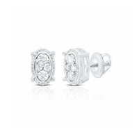 The 1/6 CTW Natural Diamond Oval Earrings feature multiple round, pave-set diamonds in white 10k gold with screw-back closures. A detailed border and reflective surface add elegance to these timeless stud earrings.
