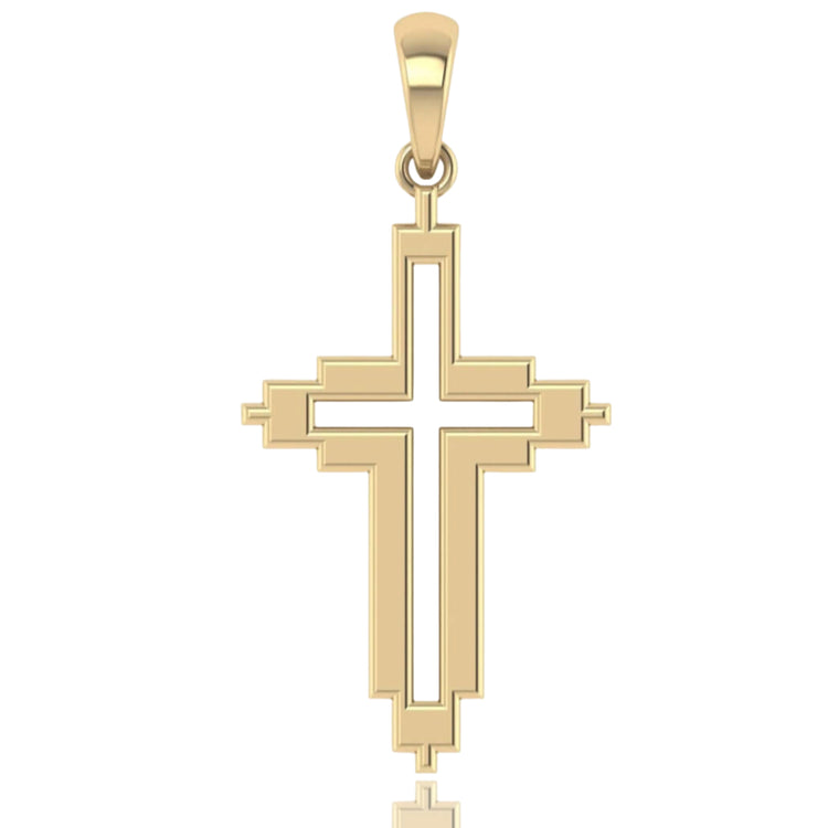 The 14k Gold Geometric Frame Cross Pendant features layered, stepped edges and an open center, creating a striking contemporary look in modern gold jewelry.