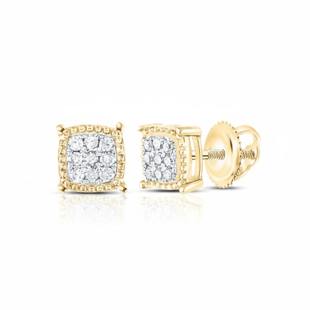 The 10kt Gold Diamond Square Cluster Earrings feature clustered round diamonds at the center, a decorative milgrain gold border, and secure screw-back posts, all displayed on a white background.