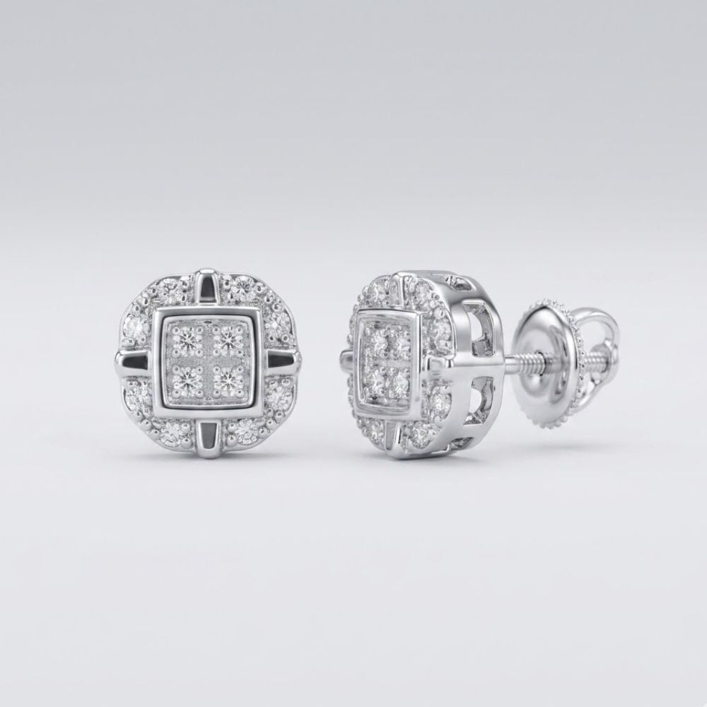 The 10k Gold Diamond Rounded Square Earrings 1/12 Cttw feature a square center with halo diamonds, set in white gold with screw-back posts—an elegant choice for any fine jewelry collection, shown on a light gray background.