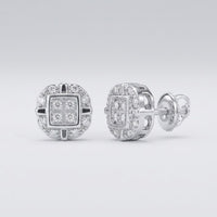 The 10k Gold Diamond Rounded Square Earrings 1/12 Cttw feature a square center with halo diamonds, set in white gold with screw-back posts—an elegant choice for any fine jewelry collection, shown on a light gray background.