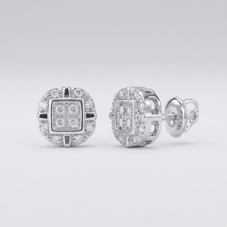 The 10k Gold Diamond Rounded Square Earrings 1/12 Cttw feature a square center with halo diamonds, set in white gold with screw-back posts—an elegant choice for any fine jewelry collection, shown on a light gray background.