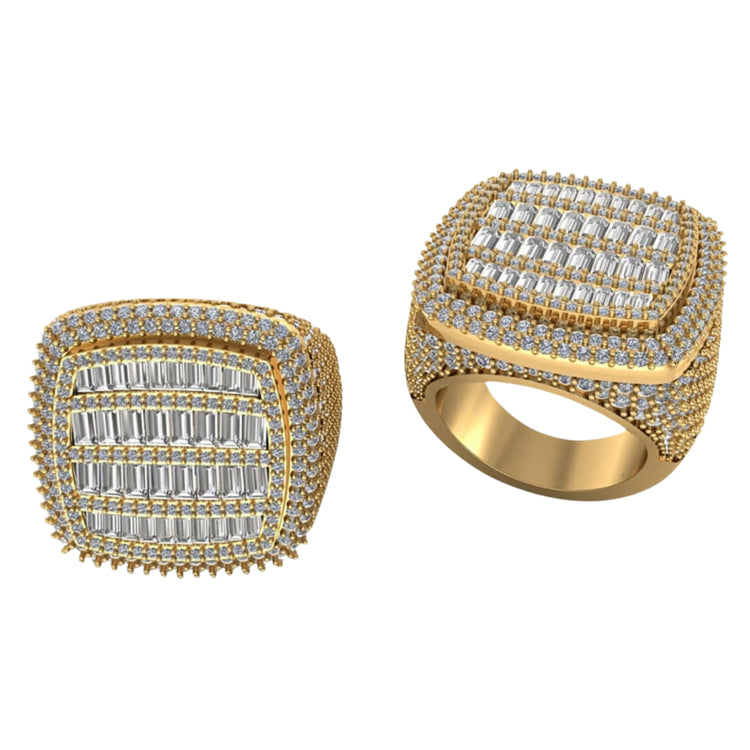 The Cushion Baguette Diamond Ring – 6.07 CT Gold Design features a bold men's gold band with a square face, adorned with multiple rows of rectangular and round lab-grown diamonds for a luxurious, sparkling look.