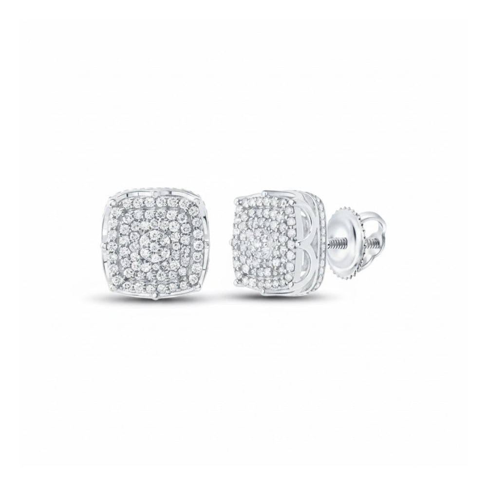 The 1/2CTW Diamond Cushion Earrings in 10K white gold feature a cluster of small round natural diamonds and secure screw-back posts, shown on a white background.