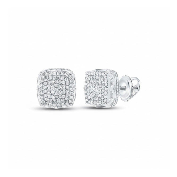 The 1/2CTW Diamond Cushion Earrings in 10K white gold feature a cluster of small round natural diamonds and secure screw-back posts, shown on a white background.