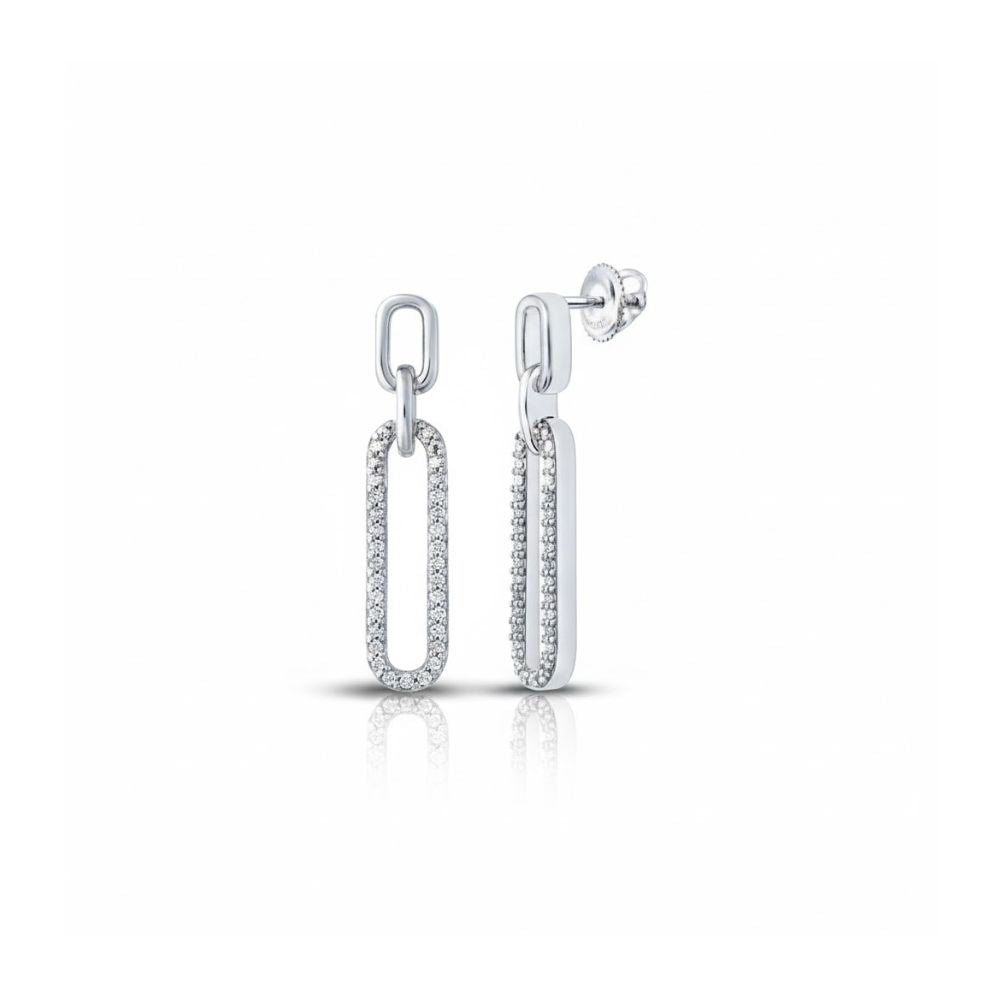 The 10k Gold Round Diamond Oblong Dangle Earrings feature two interlocking elongated oval links, with sparkling diamonds set on the front link, displayed against a plain white background.