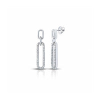 The 10k Gold Round Diamond Oblong Dangle Earrings feature two interlocking elongated oval links, with sparkling diamonds set on the front link, displayed against a plain white background.