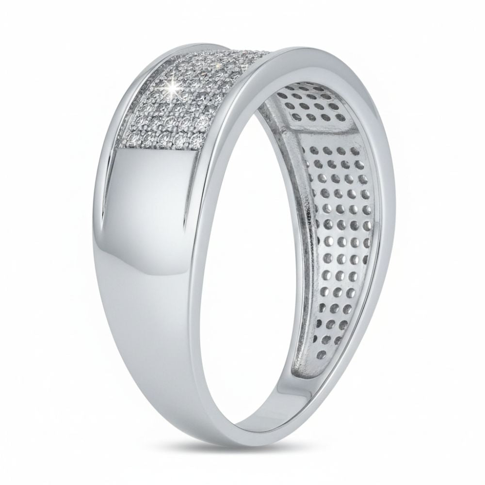 The 10k White Gold Round Diamond Micropave Wedding Band features a wide silver band with a rectangular, round diamond micropave section and an inner band adorned with small round hole patterns.