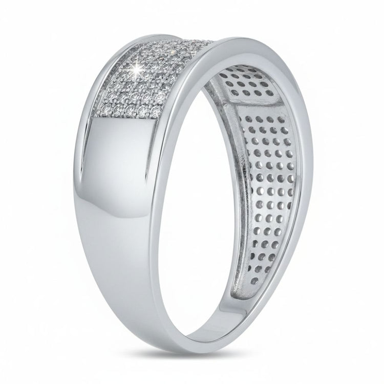 The 10k White Gold Round Diamond Micropave Wedding Band features a wide silver band with a rectangular, round diamond micropave section and an inner band adorned with small round hole patterns.