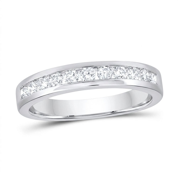 The 14k Gold Diamond Nicole’s Dream Wedding Band 1/2 Cttw showcases a row of round-cut diamonds channel-set along the top of a white gold band, beautifully displayed on a white background.