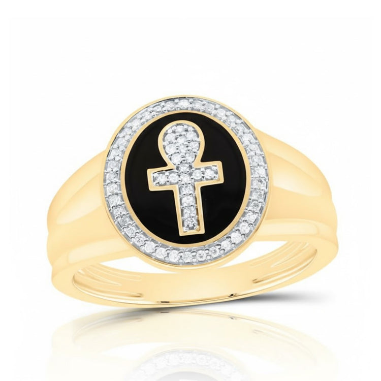 The 10k Yellow Gold Diamond Ankh Cross Ring 1/6 Cttw features an oval black center with a diamond-studded ankh symbol, surrounded by a border of sparkling diamonds for a bold fashion statement.