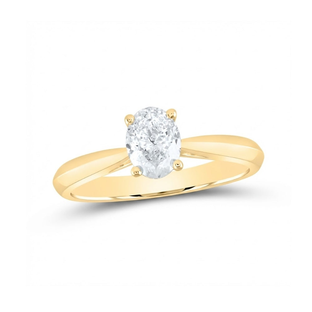 The 1/4 CT Diamond Oval Solitaire Ring in 14K gold features a clear diamond set in four prongs and is displayed on a plain white background—an elegant choice for an engagement ring.