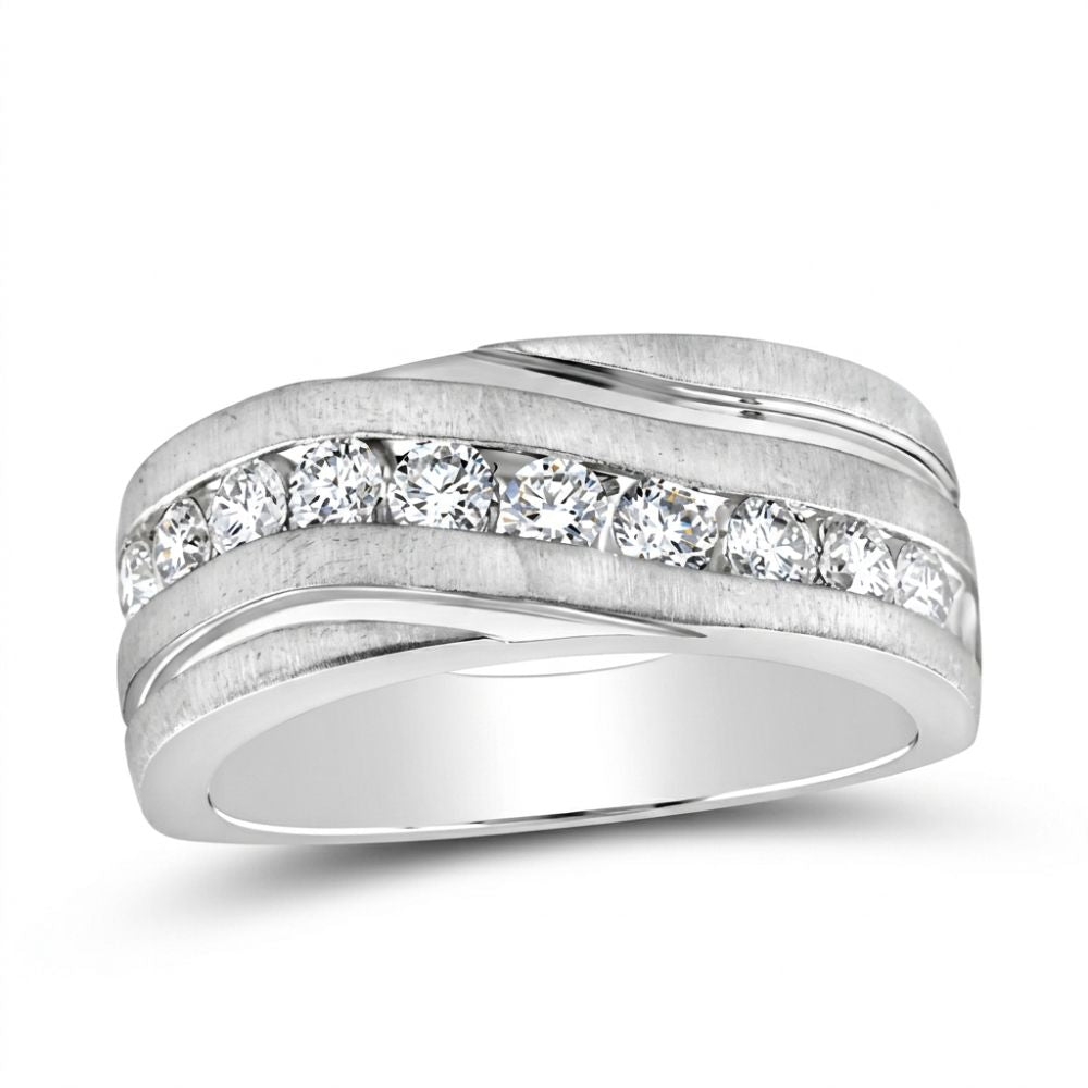The 10k Gold Diamond Wedding Band Ring 1 Cttw features a row of round diamonds in a horizontal channel, accented by polished and brushed bands with a sleek, wavy modern design.