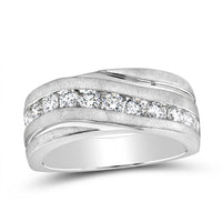 The 10k Gold Diamond Wedding Band Ring 1 Cttw features a row of round diamonds in a horizontal channel, accented by polished and brushed bands with a sleek, wavy modern design.