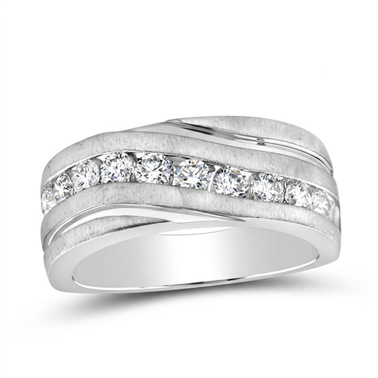 The 10k Gold Diamond Wedding Band Ring 1 Cttw features a row of round diamonds in a horizontal channel, accented by polished and brushed bands with a sleek, wavy modern design.