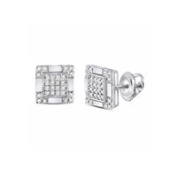 The 10K Gold Diamond Square Cluster Studs 1/6 Cttw showcase a central grid of sparkling diamonds framed in polished gold, offering timeless elegance. Displayed on a plain white background.