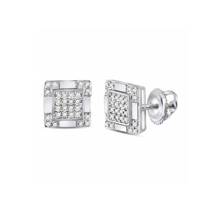 The 10K Gold Diamond Square Cluster Studs 1/6 Cttw showcase a central grid of sparkling diamonds framed in polished gold, offering timeless elegance. Displayed on a plain white background.