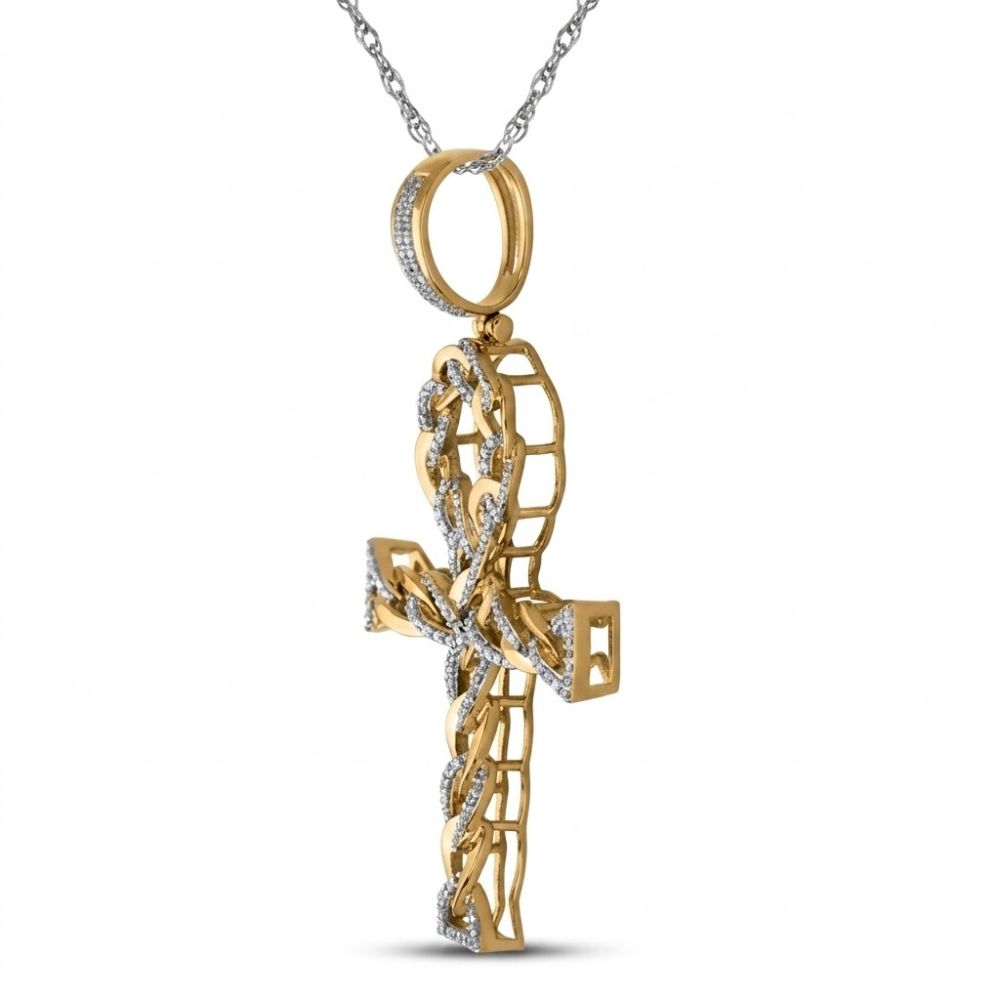 The 10K Gold Diamond Ankh Cross Pendant, featuring an intricate design and sparkling diamonds (3/8 CTW), hangs from a delicate silver chain against a white background.