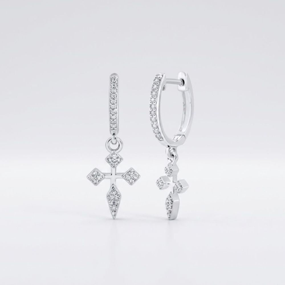 10k Gold Diamond Cross Hoop Dangle Earrings 1/6 Cttw featuring gold hoops with sparkling diamond cross pendants, showcased against a plain white background.