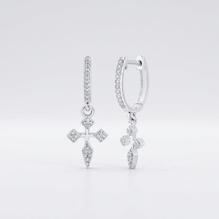 10k Gold Diamond Cross Hoop Dangle Earrings 1/6 Cttw featuring gold hoops with sparkling diamond cross pendants, showcased against a plain white background.